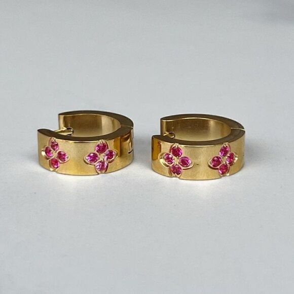 New! “Clara” Pink Flower Studded Hoop Earrings - Picture 1 of 4